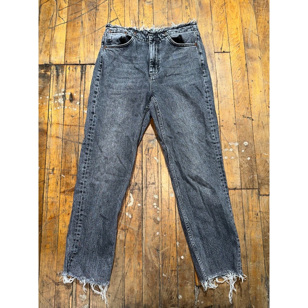 Topshop Jeans Womens Size 28x32 Black Denim Acid Wash Frayed Hem Straight Leg